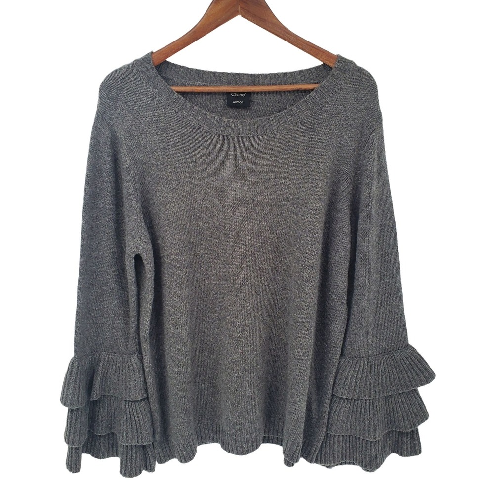 Womens L Gray Knit Sweater Tiered Ruffle Sleeve Chic Workwear Fall Cozy Layering